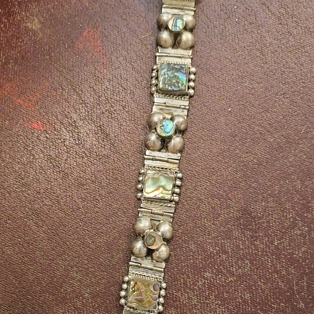 Abalone Inlay Silver Link Bracelet - Iridescent Green Blue